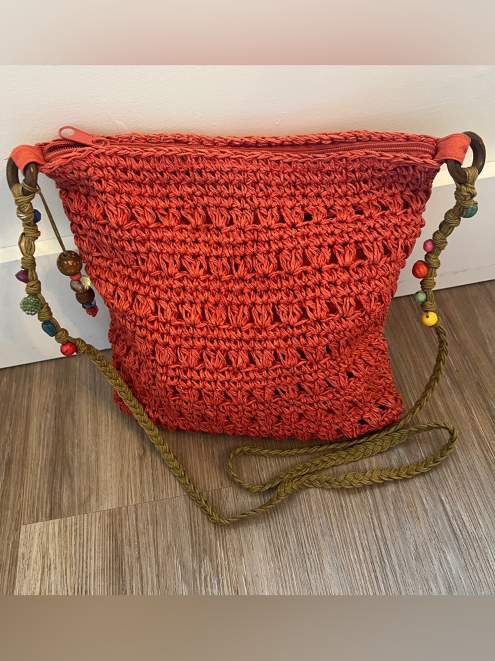 Capelli Straw Crochet Crossbody Bag Boho Beaded Strap pink coral